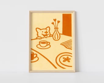 May include: A framed art print featuring a whimsical illustration in shades of orange and yellow. The artwork depicts a dog peeking over a table set with coffee cups, a vase of heart-shaped flowers, and a plate with a floral design. The style is simple and charming.