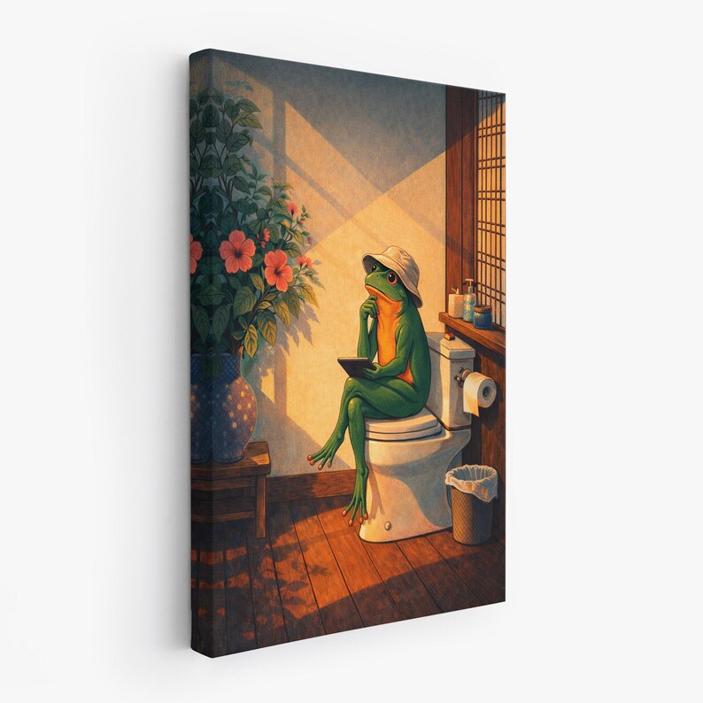 Funny Frog Bathroom Wall Art Print, Whimsical Frog Canvas Poster, Cute ...