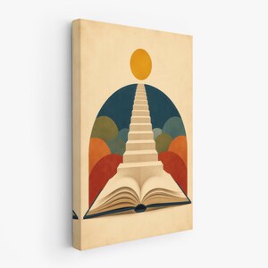 K&ouml;nnte beinhalten: Ein rechteckiger Leinwanddruck mit einem aufgeschlagenen Buch an der Basis, aus dessen Seiten eine Treppe in Richtung einer gelben Sonne aufsteigt. Der Hintergrund zeigt eine Reihe &uuml;berlappender halbkreisf&ouml;rmiger Formen in Blau, Gr&uuml;n, Orange und Rot.