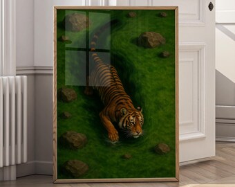 Tigre en la hierba: cuadro decorativo / Lienzo impreso de animal de la selva / Póster de vida salvaje / Pintura de tigre / Arte de grandes felinos / Descarga digital