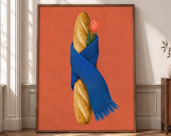 Baguette Wall Art, French Kitchen Canvas, Bread Flower Poster, Colorful Food Decor, Bakery Wall Print, Whimsical Kitchen Artwork- P373