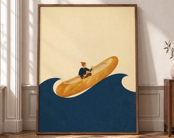 Bread Boat Wall Art, Surreal Ocean Canvas Print, Whimsical Kitchen Poster, Retro Food Decor, Nautical Adventure Artwork- P463