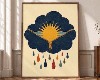 Positive Outlook Wall Art, Sunshine Canvas Print, Rain Cloud Poster, Hopeful Home Decor, Optimistic Mental Wellness Artwork P476