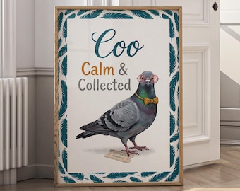 Funny Bird Wall Art, Pigeon Nursery Decor, Calm Collected Animal Print, Kids Room Canvas, Playroom Poster, Classroom Decor Gift - P217A
