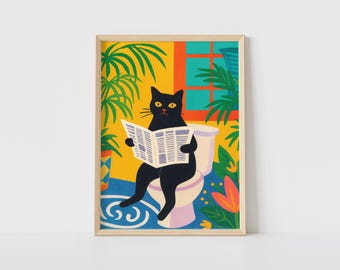 May include: A framed art print featuring a black cat sitting on a toilet, reading a newspaper. The illustration has a yellow background with green plants, a blue floor, and a window with teal trim. The cat has yellow eyes.