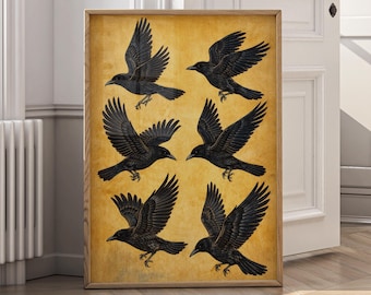 Raven Wall Art Vintage Crow Illustration Print Dark Academia Decor Gothic Bird Poster Black Raven Art Printable Antique Animal Art - P122B