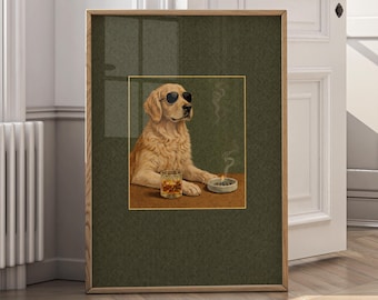 Funny Dog Wall Art Printable, Cool Dog Smoking Drinking Whiskey, Vintage Animal Poster, Funny Pet Art, Quirky Wall Decor - P117B