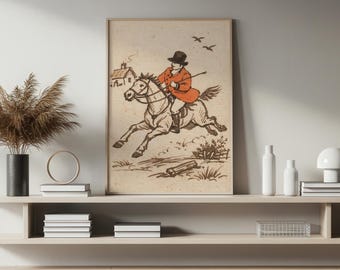 Vintage horse rider art, equestrian print antique illustration, hunting rider poster, farmhouse decor printable, rustic country art - N185A