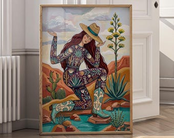 Western Cowgirl Wall Art Print, Desert Boho Digital Download, Southwestern Woman Artwork, Colorful Cowgirl Poster - P164B