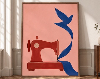 Sewing Machine Wall Art, Bird Illustration Canvas, Craft Room Decor, Seamstress Gift Poster, Colorful Sewing Print, Creative Studio Art-P370