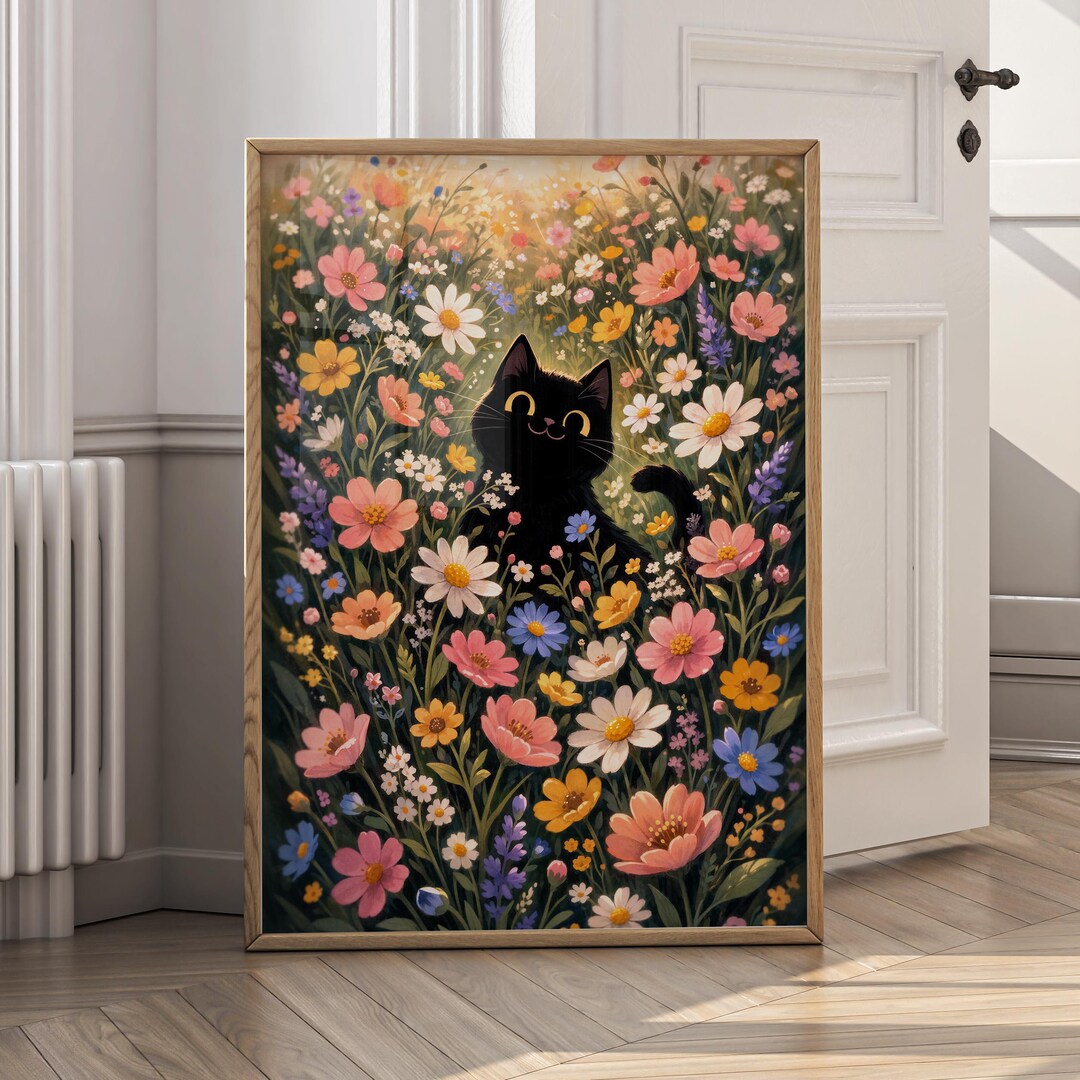 Black Cat Floral Art Print, Cute Cat Canvas Art, Whimsical Flower ...