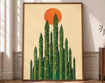 Asparagus City Wall Art, Surreal Vegetable Canvas Print, Retro Kitchen Poster, Botanical Food Decor, Eclectic Green Artwork- P466