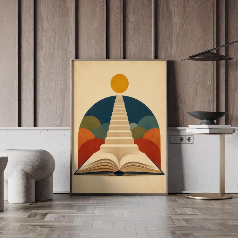 K&ouml;nnte beinhalten: Ein rechteckiger Wandkunstdruck, der ein aufgeschlagenes Buch an der Basis zeigt, aus dessen Seiten eine Treppe zu einer gelben Sonne f&uuml;hrt. Der Hintergrund enth&auml;lt halbkreisf&ouml;rmige Schichten in Blau, Gr&uuml;n und Rot auf einem cremefarbenen Feld.