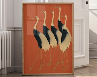 Japanese Crane Wall Art Print, Vintage Japanese Bird Art, Minimalist Crane Poster, Orange Japandi Decor, Asian Nature Printable - P165B