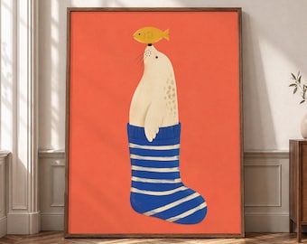 Whimsical Seal Wall Art, Colorful Animal Canvas Print, Nautical Kids Room Poster, Coastal Nursery Decor, Playful Ocean Artwork- P381