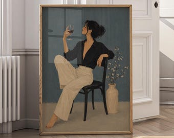 Minimalistischer Kunstdruck „Weinfrau“ für die Wand, elegante Modeillustration, schicke neutrale Dekoration, moderne feminine Kunst, digitaler Download – P201D