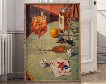 Luxury Casino Still Life Wall Art, Aperol Spritz Painting, Gambling Table Art Print, Dice Cards Poker Chips Artwork, Modern Bar Decor - P63