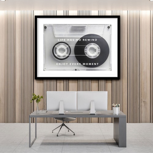 Retro Cassette Framed Poster, Life Has No Rewind Quote - Vintage Tape Decor, Music Lover Gift - Trendy Home Print, Inspiration Rolled Poster