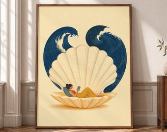 Reading Woman Wall Art, Seashell Canvas Print, Book Lover Poster, Coastal Reading Nook Decor, Relaxing Ocean Inspired Artwork P470