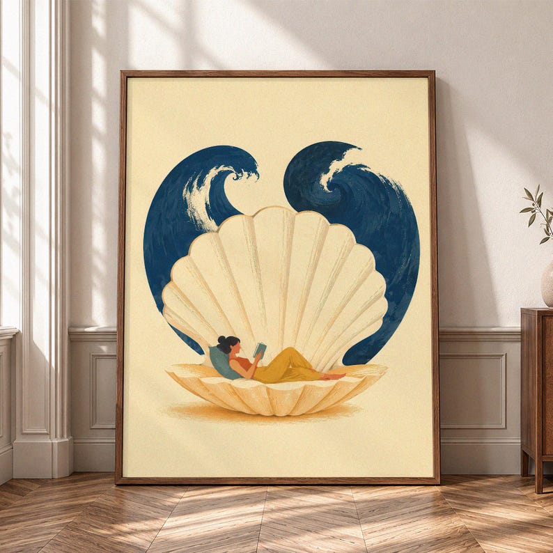 Reading Woman Wall Art, Seashell Canvas Print, Book Lover Poster, Coastal Reading Nook Decor, Relaxing Ocean Inspired Artwork P470 image 1