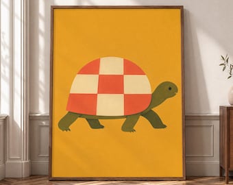 Checkerboard Turtle Wall Art, Colorful Animal Canvas Print, Retro Tortoise Poster, Kids Room Decor, Playful Eclectic Artwork- P384