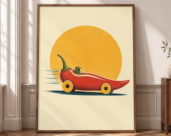 Chili Pepper Race Car Wall Art, Retro Food Canvas Print, Spicy Kitchen Poster, Whimsical Racing Decor, Colorful Eclectic Art- P464
