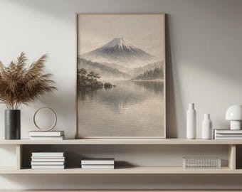Vintage Mount Fuji Wall Art Printable, Japanese Landscape Print, Minimalist Nature Poster, Zen Aesthetic Decor, Calm Lake Art  - N183A