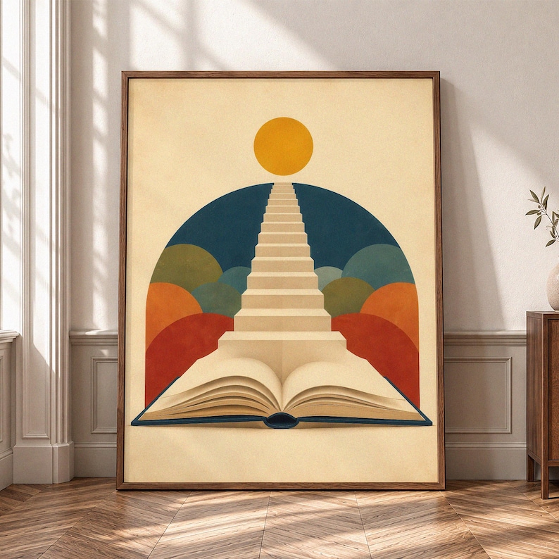 K&ouml;nnte beinhalten: Ein gerahmter Wandkunstdruck mit einem aufgeschlagenen Buch an der Basis, aus dessen Seiten eine Treppe zu einer gelben Sonne f&uuml;hrt. Der Hintergrund zeigt einen dunkelblauen Torbogen, der mit halbkreisf&ouml;rmigen Formen in Orange, Gr&uuml;n und Blau geschichtet ist.