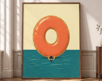 Donut Pool Wall Art, Surreal Summer Canvas Print, Whimsical Food Poster, Retro Swimming Decor, Colorful Kitchen Artwork- P465