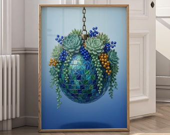 Disco Ball Succulent Wall Art Print, Blue Mosaic Planter Digital Download, Boho Plant Wall Decor, Retro Disco Vase Art - P162B