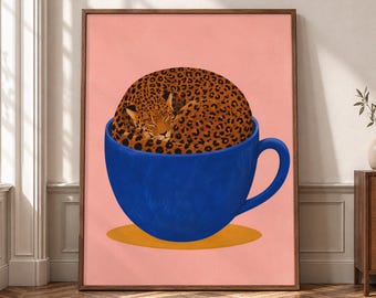 Leopard Coffee Wall Art, Blue Cup Canvas Print, Colorful Kitchen Poster, Eclectic Animal Decor, Quirky Cafe Artwork- P385