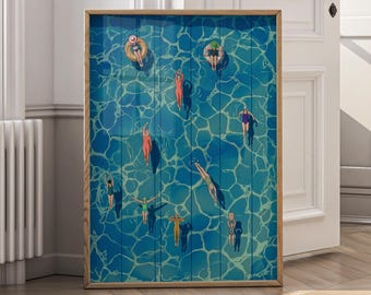 Vintage Pool Art Print, Summer Swimming Pool Art, Retro Poolside Poster, Blue Water Digital Download, Mid Century Modern Wall Decor - P166C