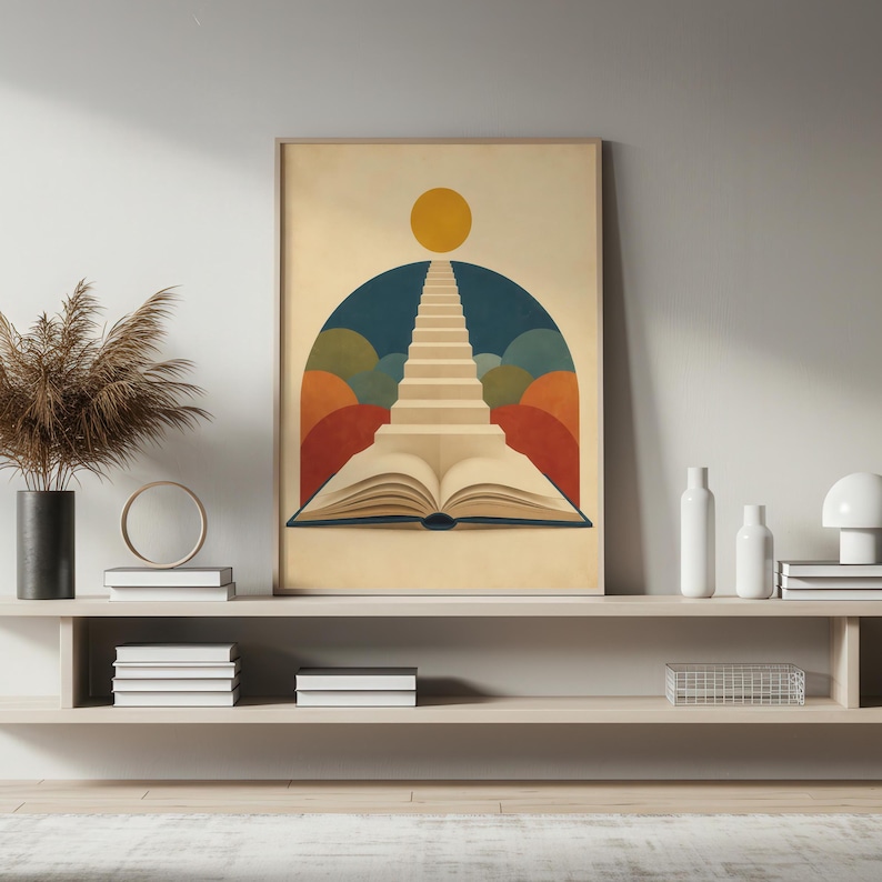 K&ouml;nnte beinhalten: Ein rechteckiger Wandkunstdruck mit einem aufgeschlagenen Buch an der Basis, aus dessen Seiten eine Treppe zu einer gelben Sonne f&uuml;hrt. Der Hintergrund zeigt geschichtete halbkreisf&ouml;rmige Formen in Blau-, Gr&uuml;n- und Oranget&ouml;nen auf cremefarbenem Grund.