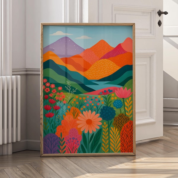 Kleurrijke landschap muurkunst print, levendige bloemen berg illustratie, modern natuur muur decor, canvas print of ingelijste poster - P78