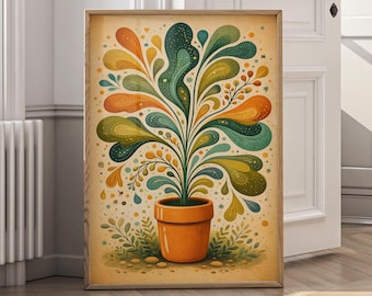 Vintage Botanical Wall Art Printable, Abstract Plant Poster, Mid Century Modern Art, Colorful Nature Print, Retro Floral Decor - P115B