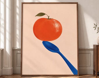 Tomato Wall Art, Kitchen Food Canvas, Blue Spoon Poster, Colorful Still Life Decor, Modern Kitchen Print, Retro Food Artwork- P375