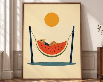 Watermelon Hammock Wall Art, Retro Summer Canvas Print, Whimsical Fruit Poster, Tropical Kitchen Decor, Relaxing Vacation Artwork- P467