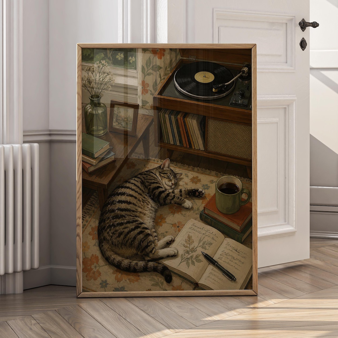 Vintage Cat Wall Art Digital Download, Cozy Reading Nook Print, Record ...