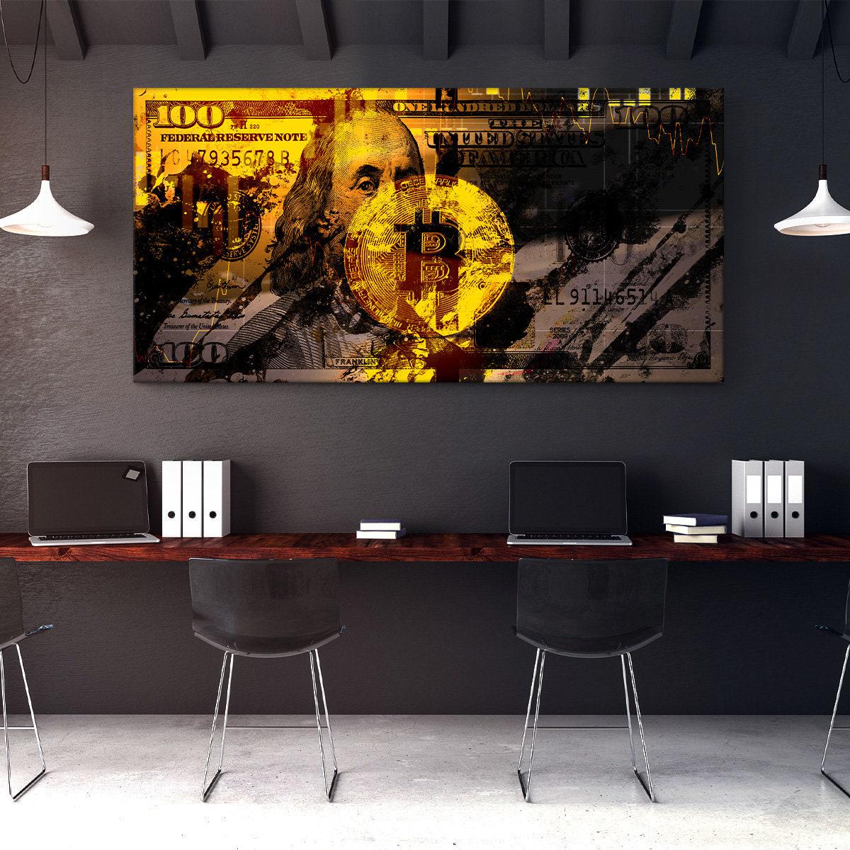 ビットコインキャンバスアート 100ドル紙幣プリント 暗号投資家 オフィス用壁装飾