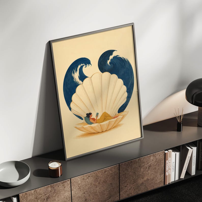 Reading Woman Wall Art, Seashell Canvas Print, Book Lover Poster, Coastal Reading Nook Decor, Relaxing Ocean Inspired Artwork P470 image 11