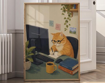 Cute Cat Office Wall Art Print, Working Cat Digital Download, Funny Cat Desk Decor, Cat Lover Gift, Home Office Wall Art - P177A
