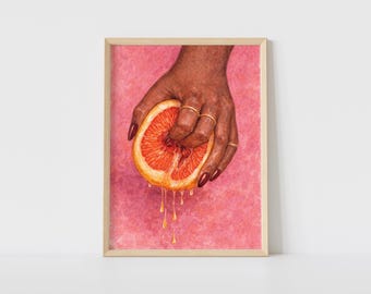 Sensual Fruit Art Print, Erotic Grapefruit Illustration, Feminine Power Art, Pink Aesthetic Digital Download, Modern Provocative Art - P79