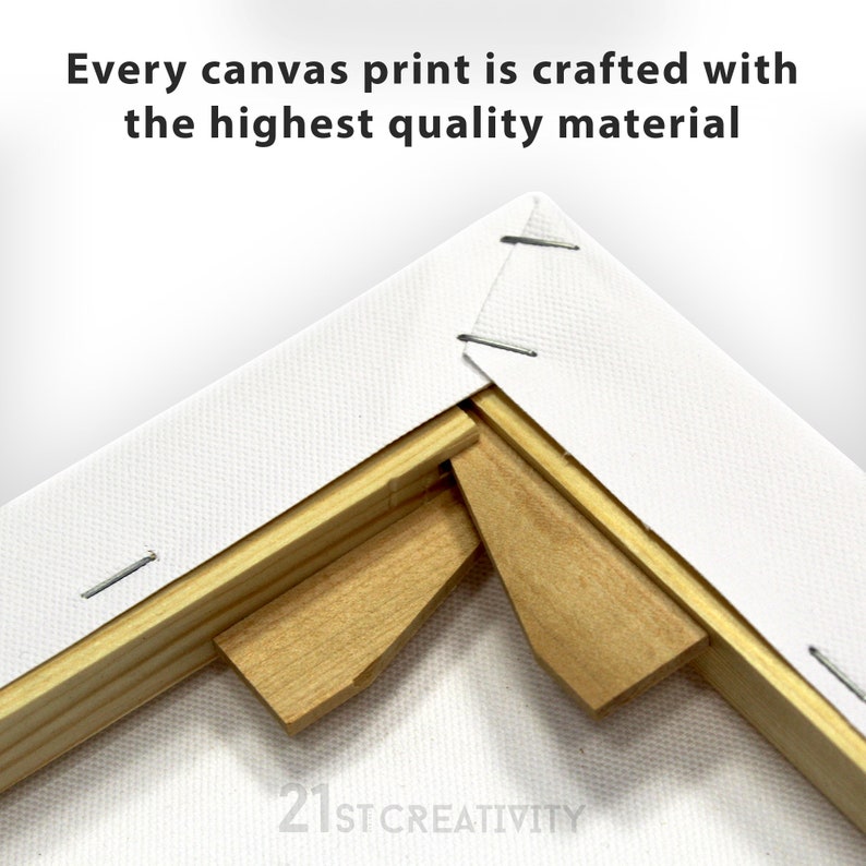 May include: Close-up of a wooden canvas frame with a white canvas stretched over it. The frame is secured with staples and has wooden wedges to tighten the canvas.