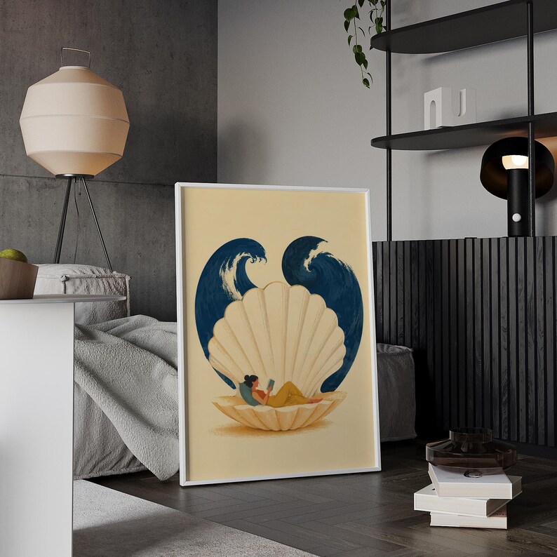 Reading Woman Wall Art, Seashell Canvas Print, Book Lover Poster, Coastal Reading Nook Decor, Relaxing Ocean Inspired Artwork P470 image 10