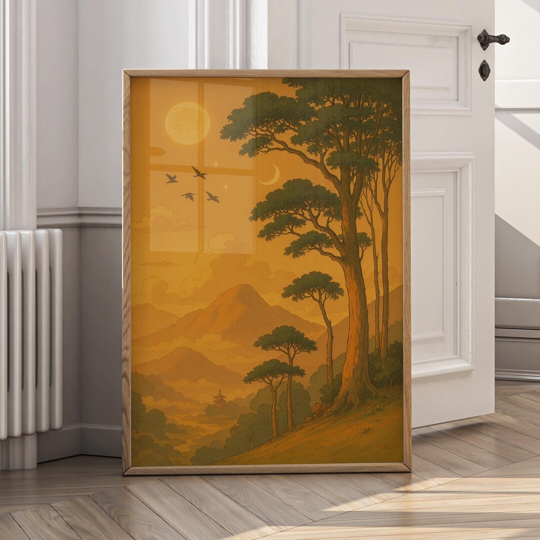 Sunset Landscape Wall Art Canvas Print, Vintage Nature Poster, Golden ...