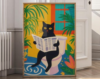 Zwarte kat badkamer kunstprint – grillige kat muur kunst canvas, grappige kat poster, modern kleurrijk interieur, toiletkat illustratie - P27