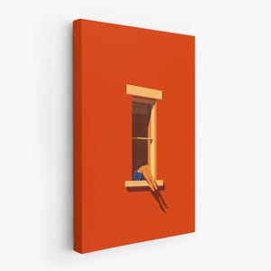 May include: An orange canvas print depicts a minimalist scene of a window. The window frame is beige, and the wall is a vibrant orange. Legs in blue shorts are seen dangling from the window, with a blue book visible. Shadows are cast on the wall.