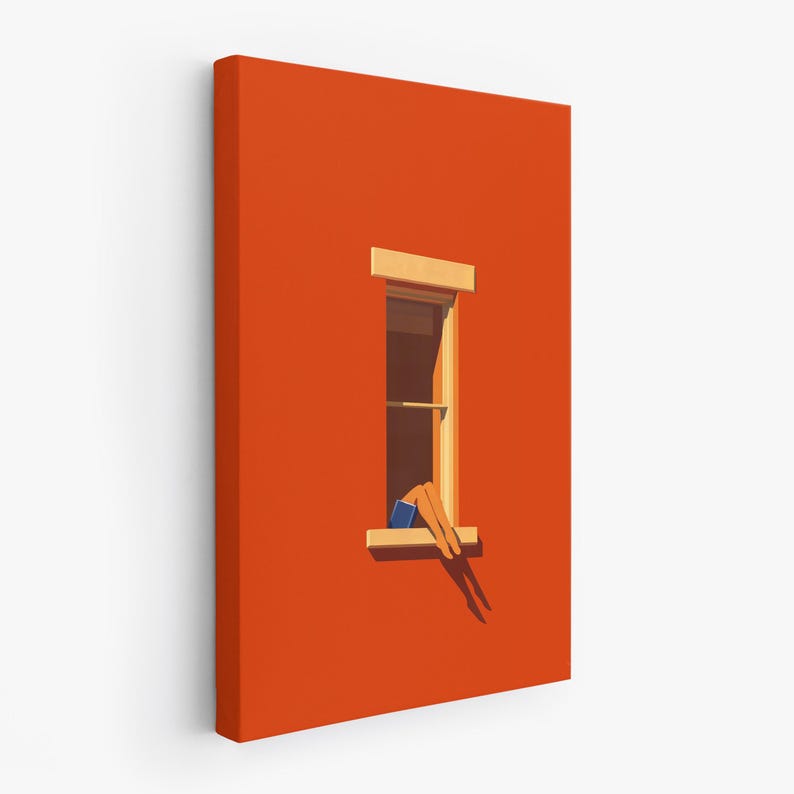 May include: An orange canvas print depicts a minimalist scene of a window. The window frame is beige, and the wall is a vibrant orange. Legs in blue shorts are seen dangling from the window, with a blue book visible. Shadows are cast on the wall.