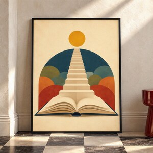 K&ouml;nnte beinhalten: Ein gerahmter Kunstdruck mit einem aufgeschlagenen Buch an der Basis, aus dessen Seiten eine Treppe zu einer gelben Sonne f&uuml;hrt. Der Hintergrund zeigt &uuml;berlappende Halbkreise in Blau-, Gr&uuml;n-, Orange- und Rott&ouml;nen auf cremefarbenem Grund.