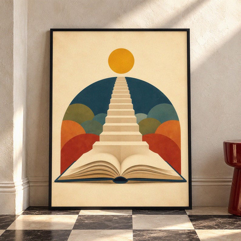 K&ouml;nnte beinhalten: Ein gerahmter Kunstdruck mit einem aufgeschlagenen Buch an der Basis, aus dessen Seiten eine Treppe zu einer gelben Sonne f&uuml;hrt. Der Hintergrund zeigt &uuml;berlappende Halbkreise in Blau-, Gr&uuml;n-, Orange- und Rott&ouml;nen auf cremefarbenem Grund.